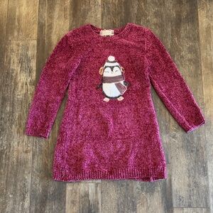 btween Maroon Sweater Dress with Adorable Penguin Motif